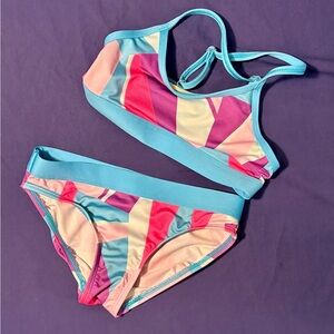 Lands' End Kids Bikini 2pc Set - Blue and Pink Geometric